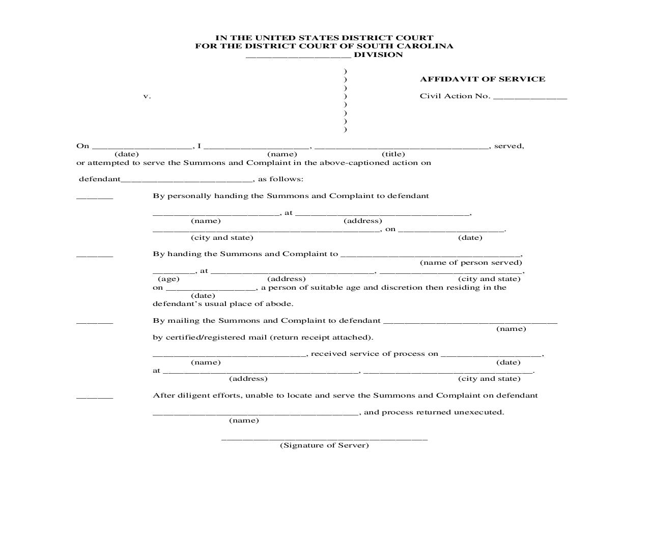 Affidavit Of Service (For Summons And Complaint) | Pdf Fpdf Doc Docx | South Carolina