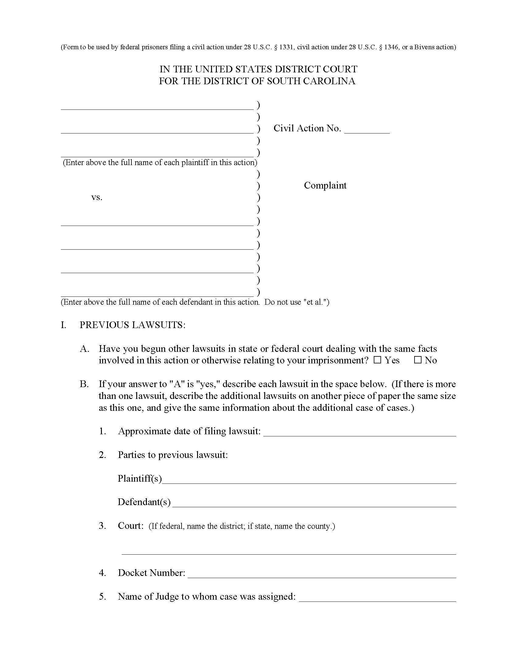 Bivens Complaint Form | Pdf Fpdf Doc Docx | South Carolina
