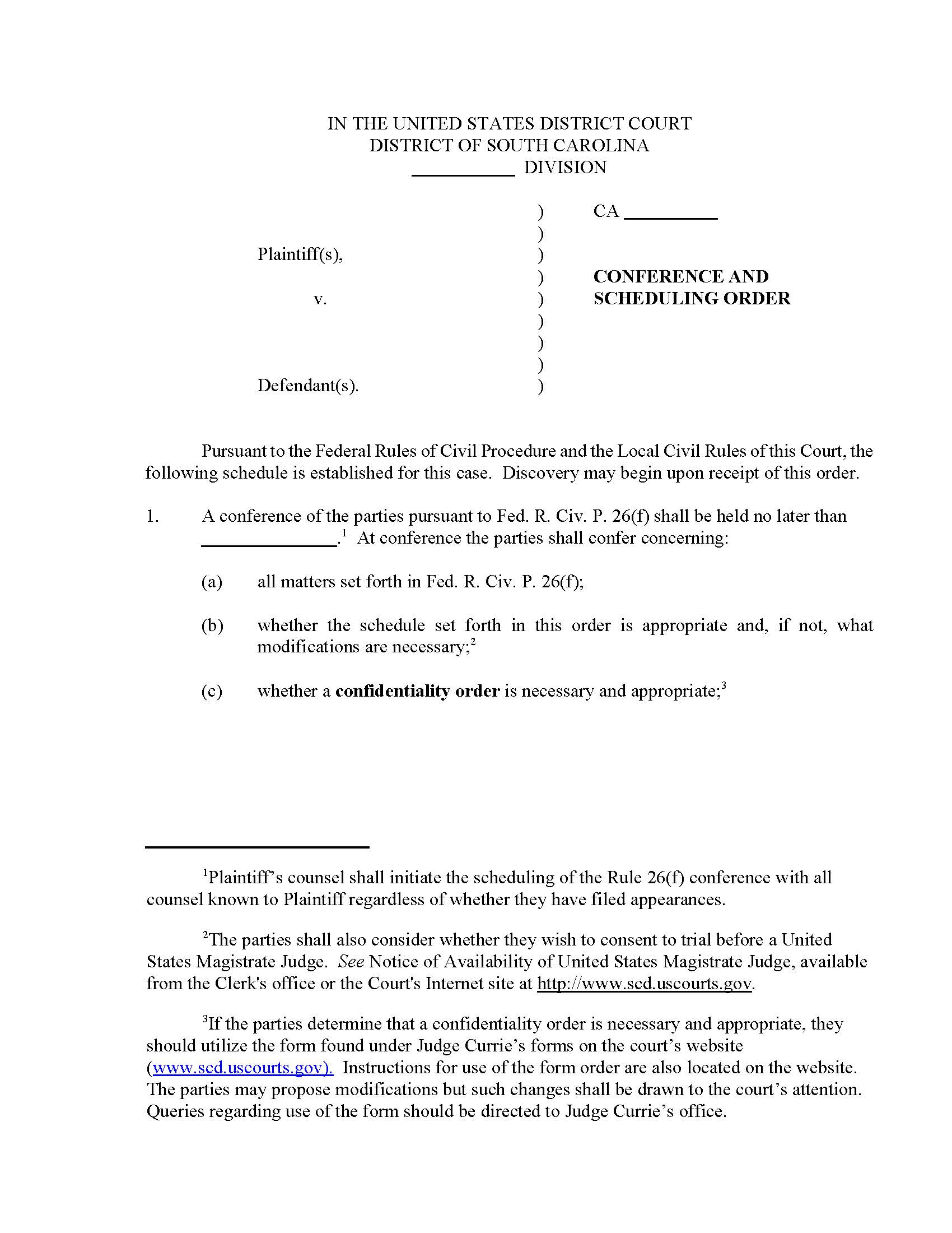 Currie Conference Scheduling Order | Pdf Fpdf Doc Docx | South Carolina