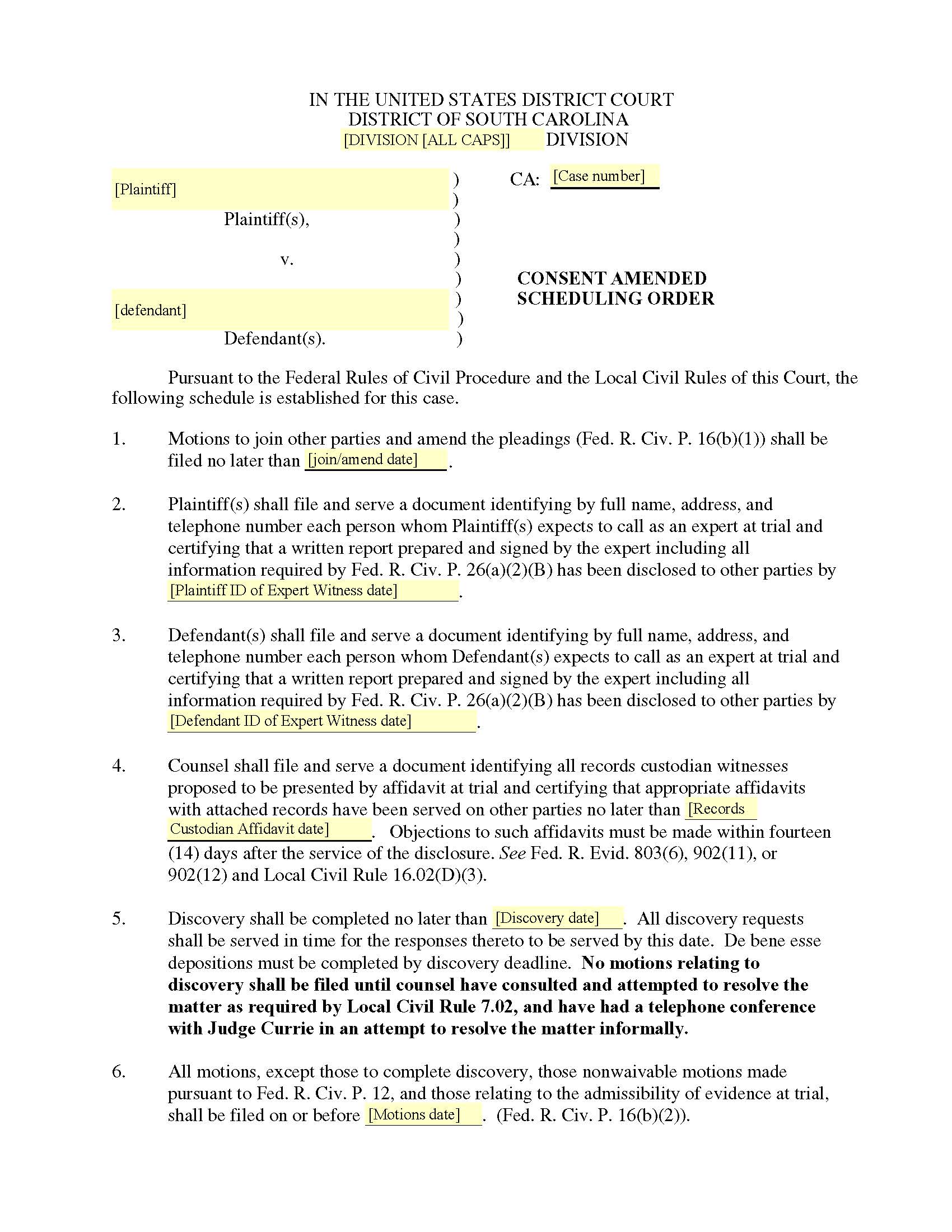 Currie Consent Amended Scheduling Order | Pdf Fpdf Doc Docx | South Carolina