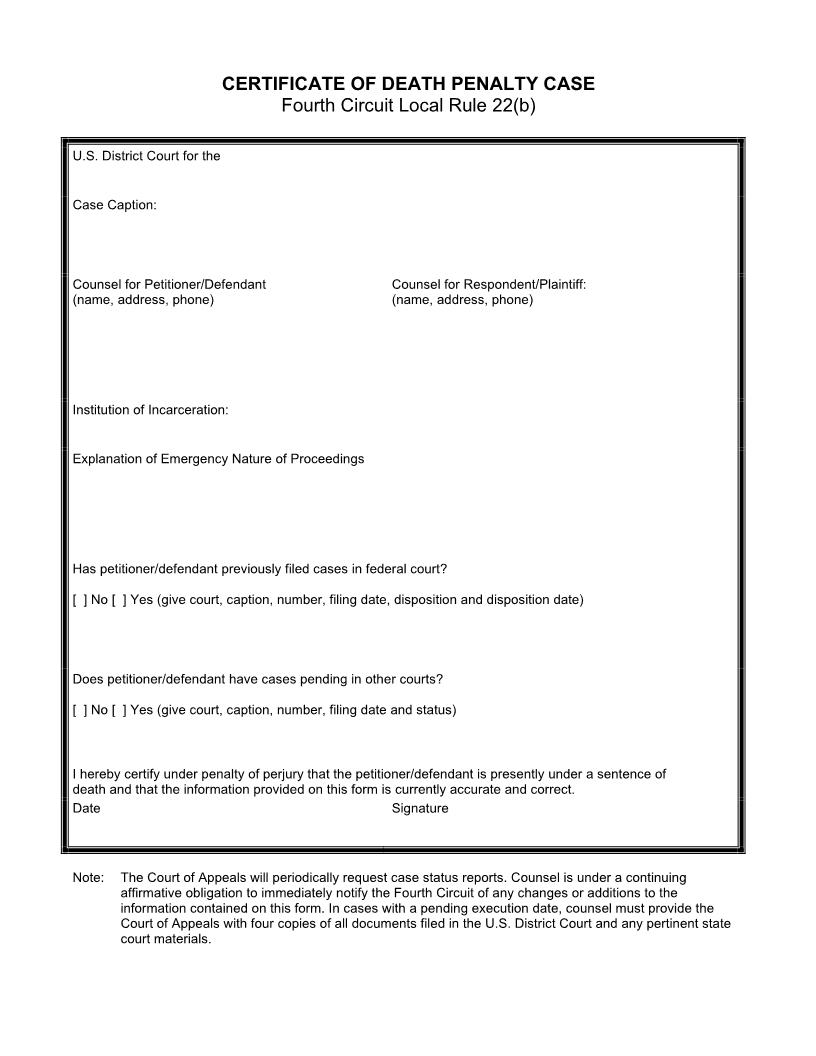 Death Penalty Certification (Certificate Of Death Penalty Case) | Pdf Fpdf Docx | South Carolina