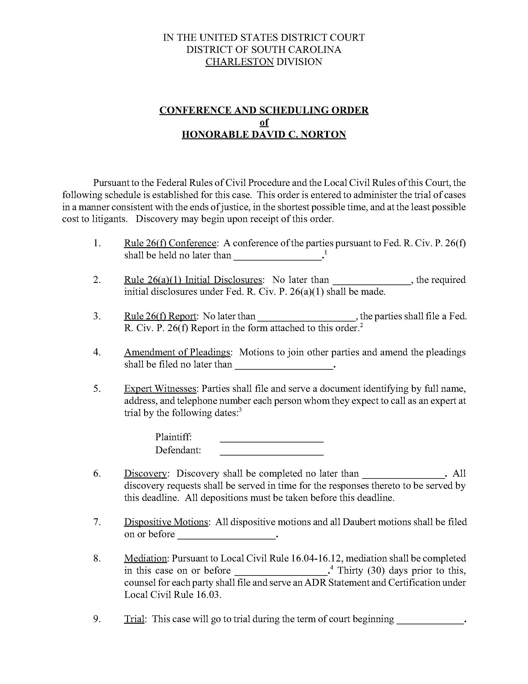 Norton Scheduling Order (Conference And Scheduling Order And Rule 26(f) Report) | Pdf Fpdf Doc Docx | South Carolina