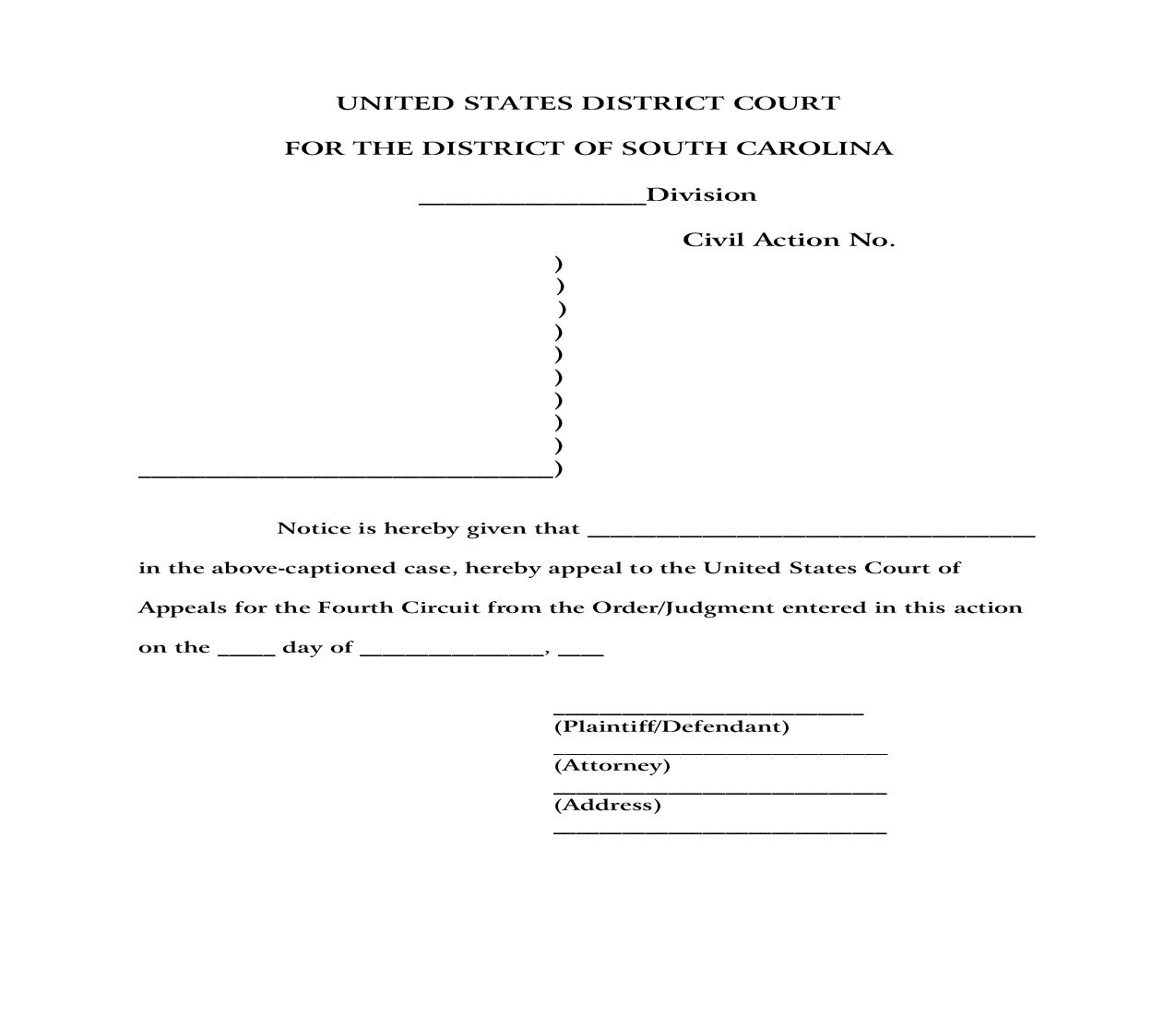 Notice Of Appeal To 4th Circuit For Civil Case | Pdf Fpdf Doc Docx | South Carolina