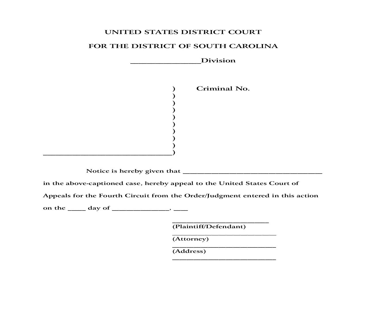 Notice Of Appeal To 4th Circuit For Criminal Case | Pdf Fpdf Doc Docx | South Carolina