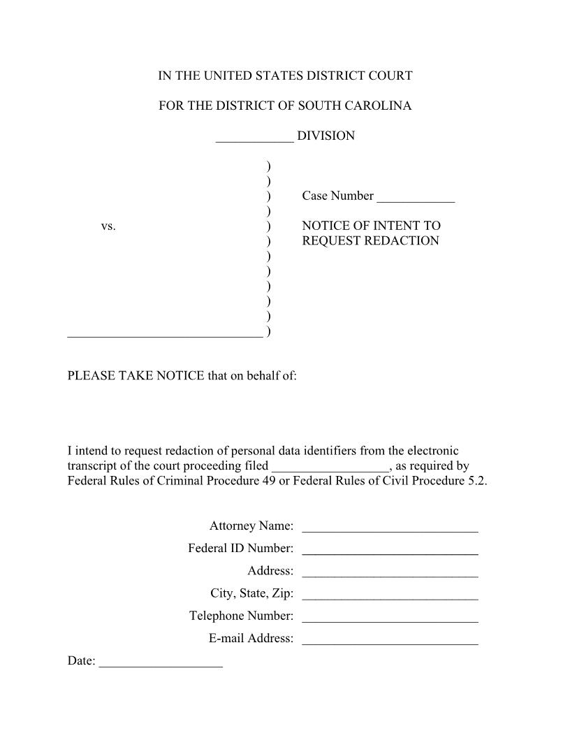 Notice Of Intent To Request Redaction | Pdf Fpdf Docx | South Carolina