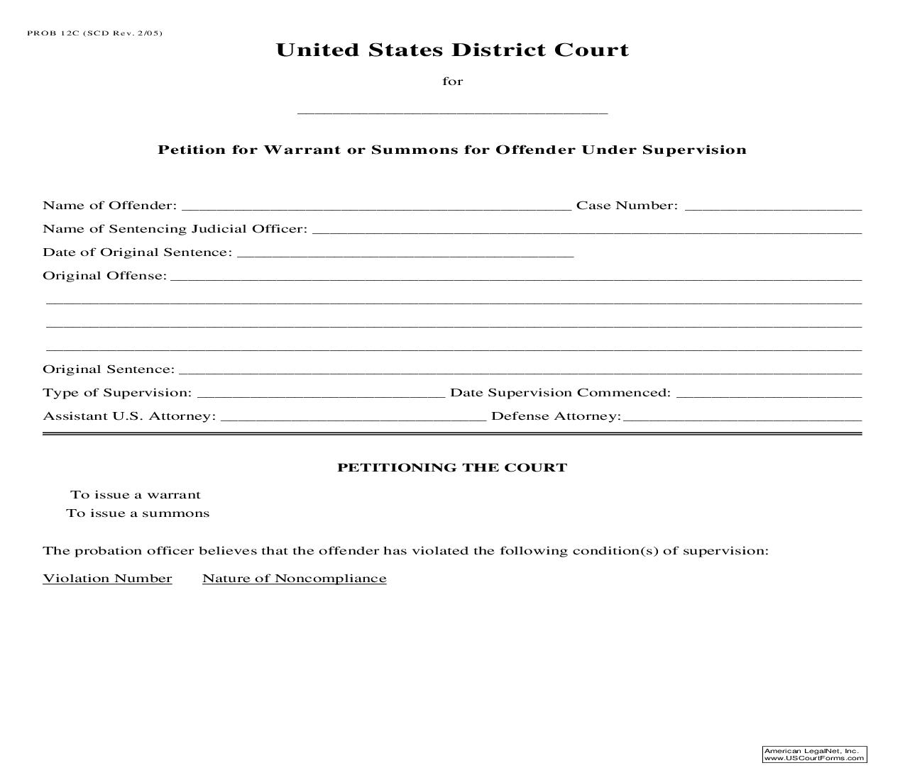 Petition For Warrant Or Summons For Offender Under Supervision {PROB 12C} | Pdf Fpdf Doc Docx | South Carolina