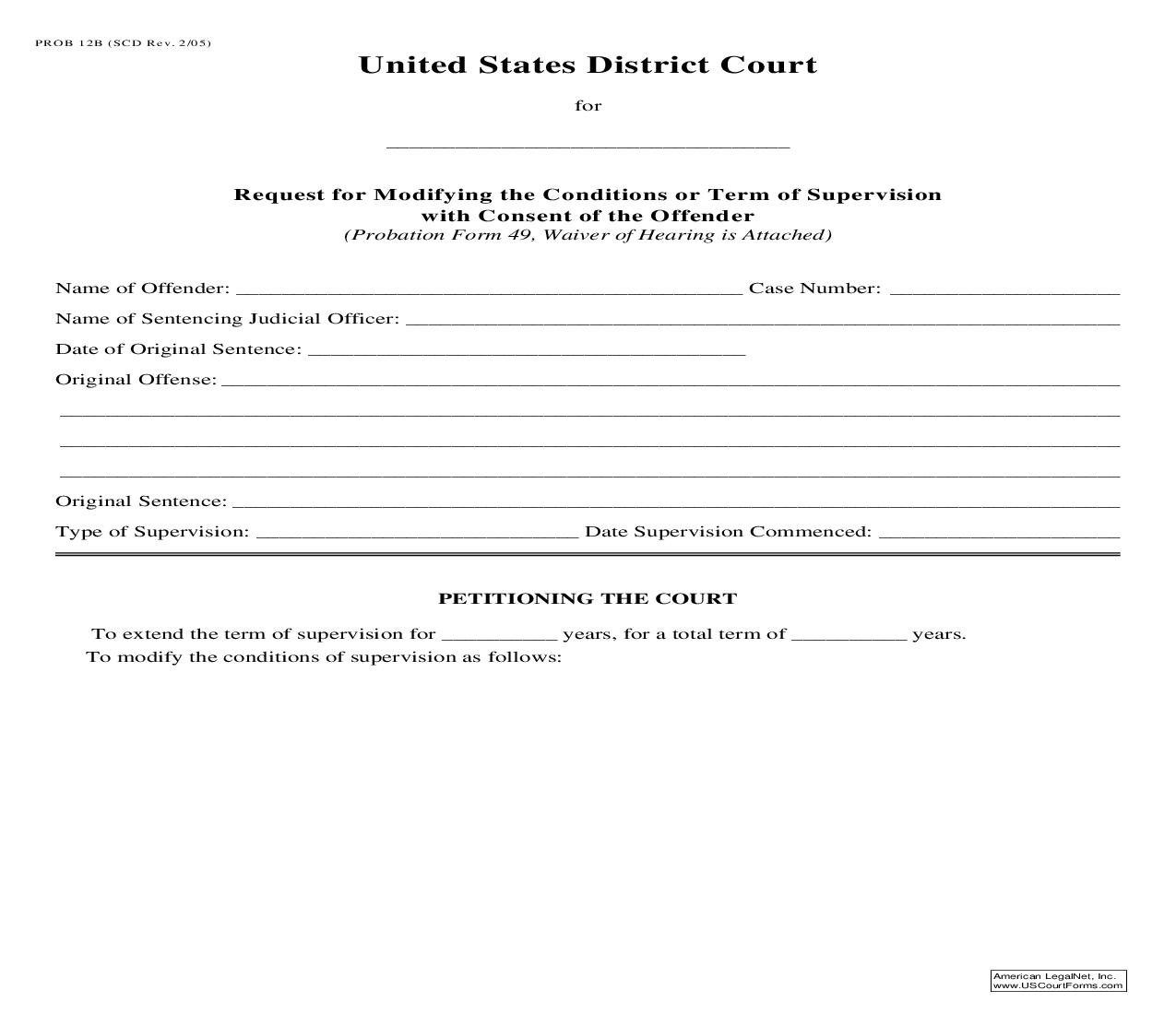 Request For Modifying Conditions Or Terms Of Supervision With Consent Of Offender {PROB 12B} | Pdf Fpdf Doc Docx | South Carolina