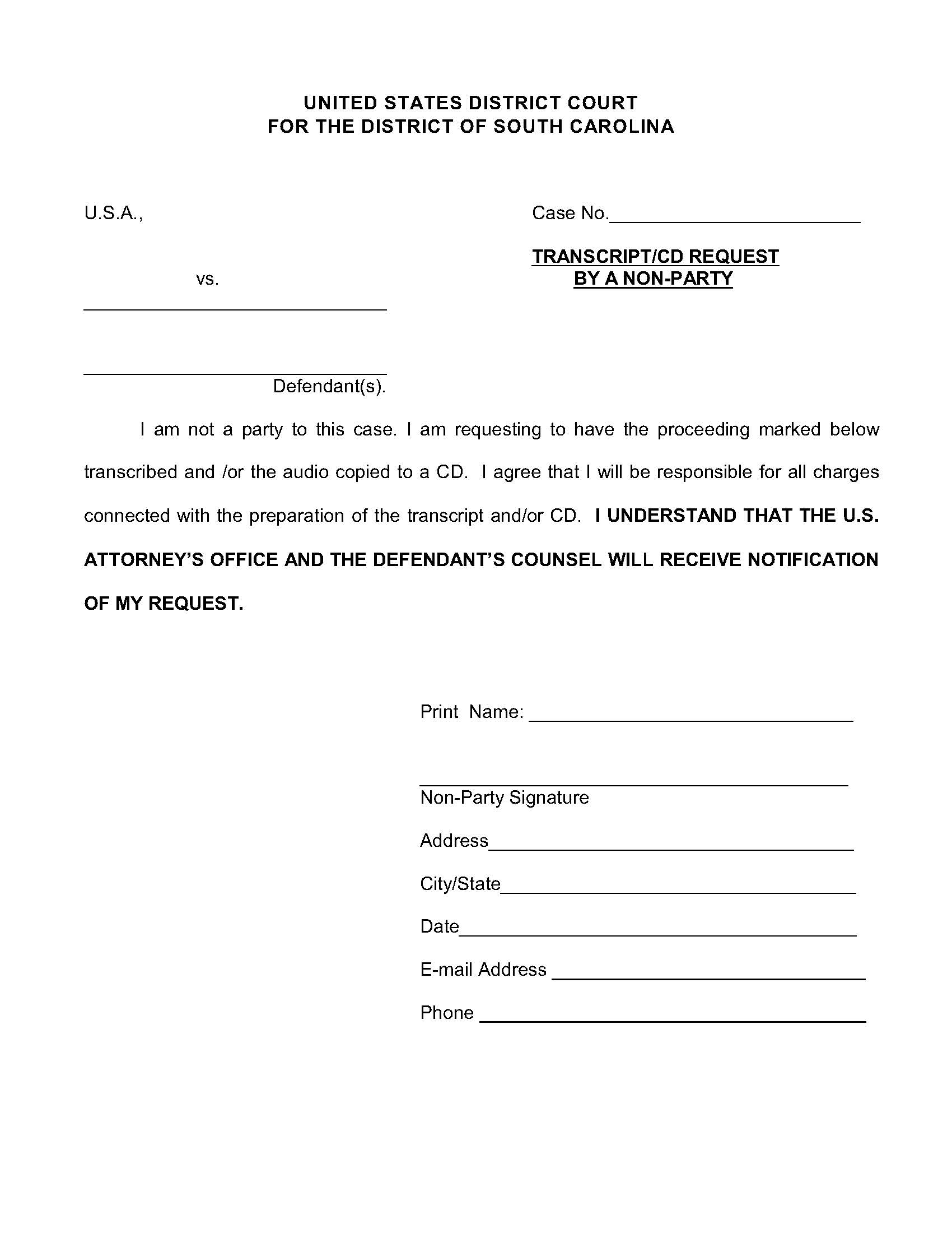 Request For Transcript Non-Party Form | Pdf Fpdf Docx | South Carolina