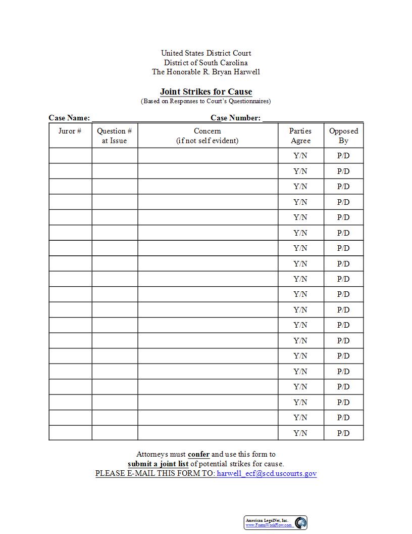 Harwell Joint Strikes for Cause Form | Pdf Fpdf Docx | South Carolina