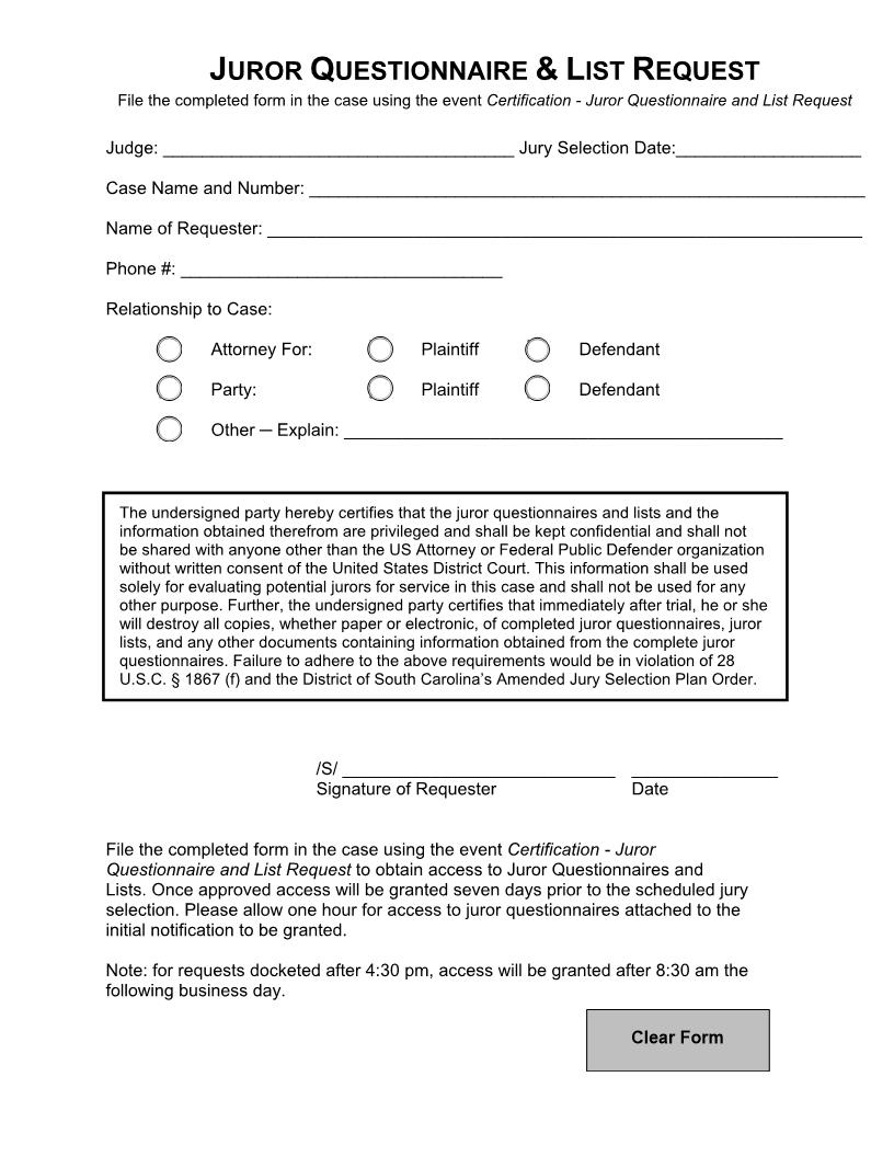 Juror Questionnaire List Request Form | Pdf Fpdf Doc Docx | South Carolina