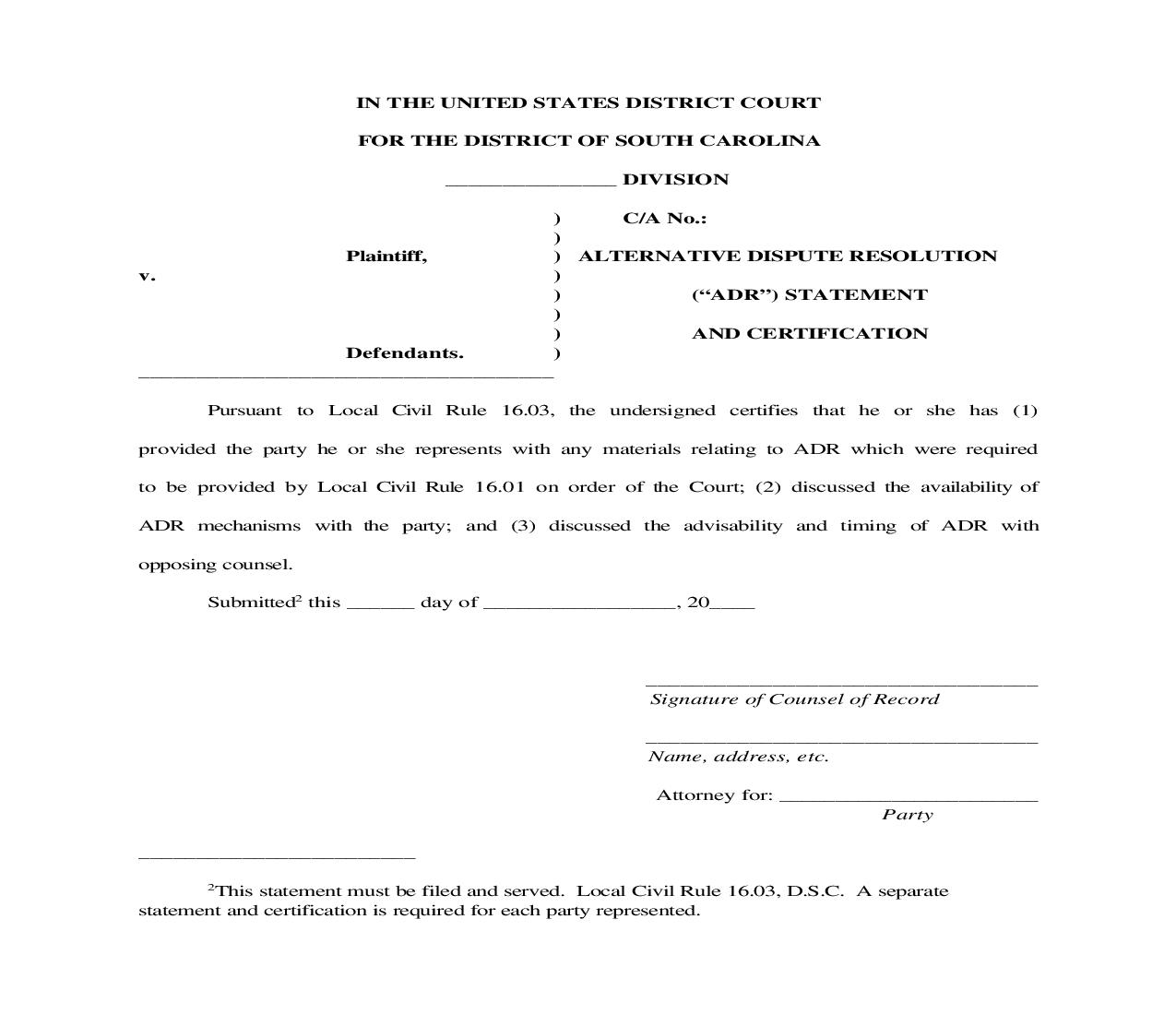 Alternative Dispute Resolution Statement And Certification | Pdf Fpdf Doc Docx | South Carolina