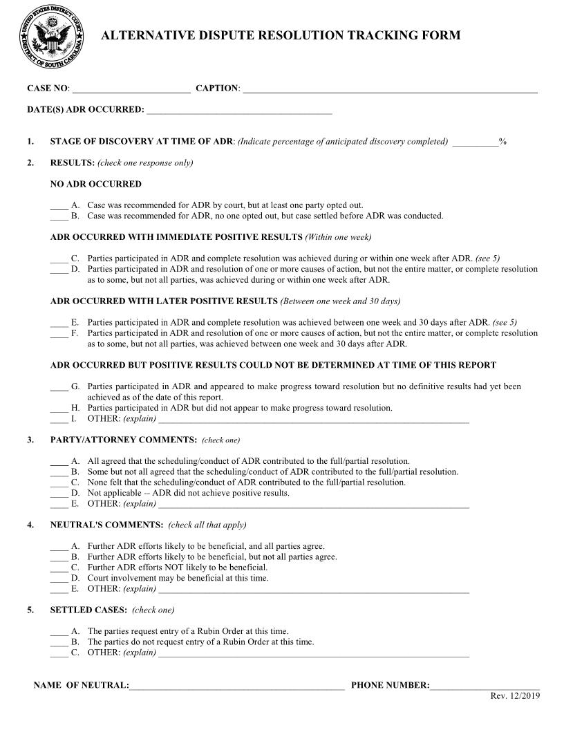 Alternative Dispute Resolution Tracking Form | Pdf Fpdf Docx | South Carolina
