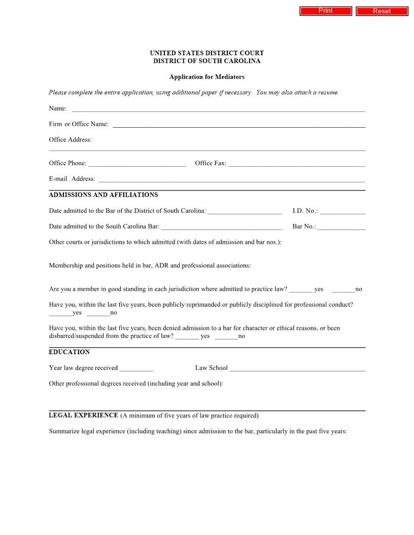 Application For Mediators | Pdf Fpdf Doc Docx | South Carolina