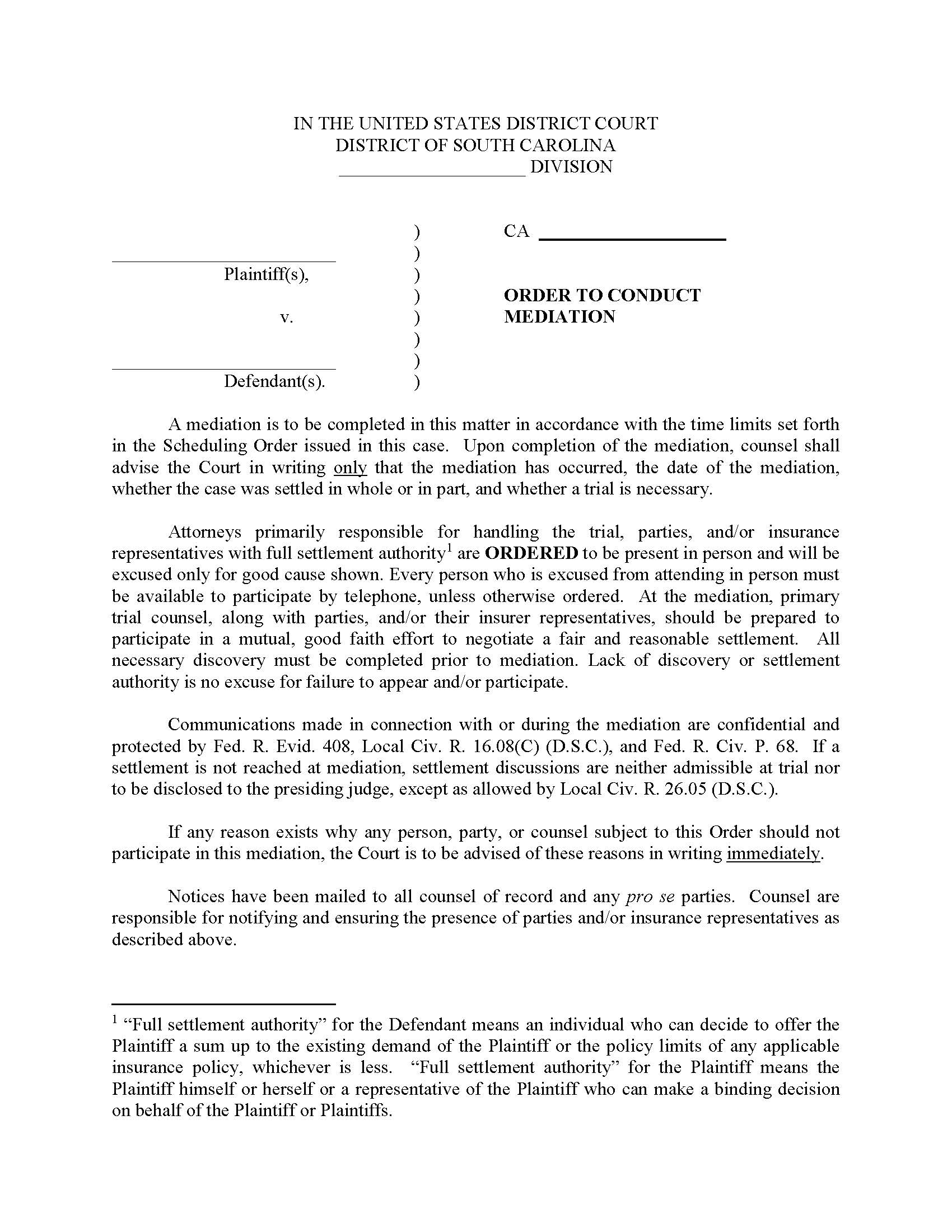 Coggins Mediation Order | Pdf Fpdf Docx | South Carolina