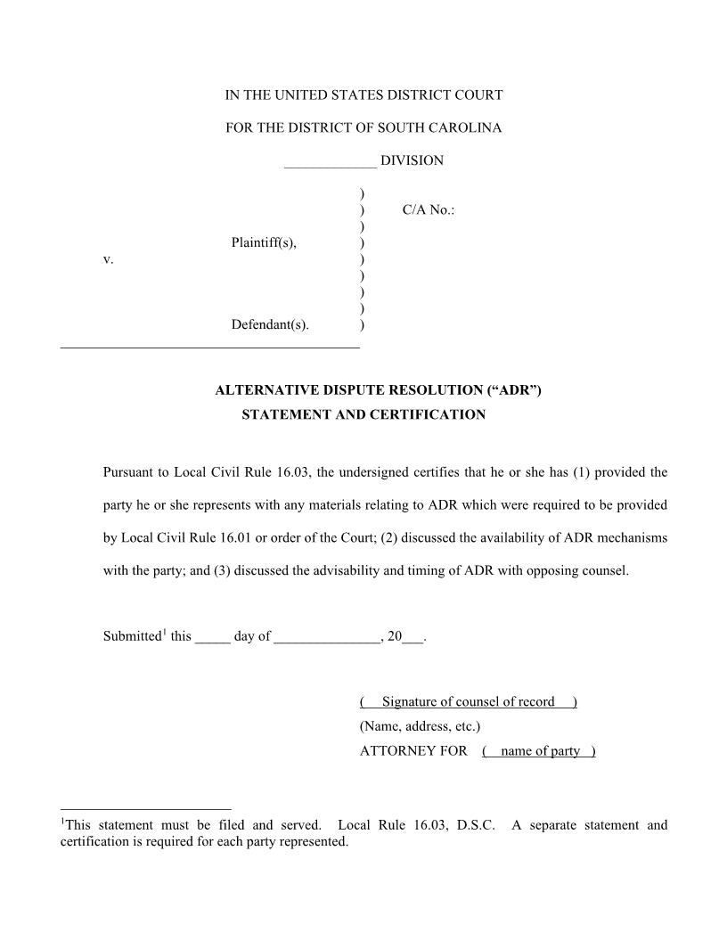Harwell ADR Statement And Certification | Pdf Fpdf Docx | South Carolina