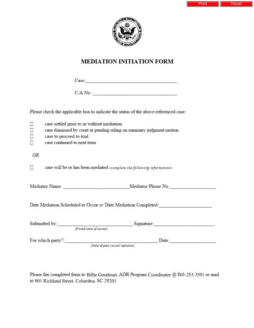 Mediation Initiation Form | Pdf Fpdf Doc Docx | South Carolina