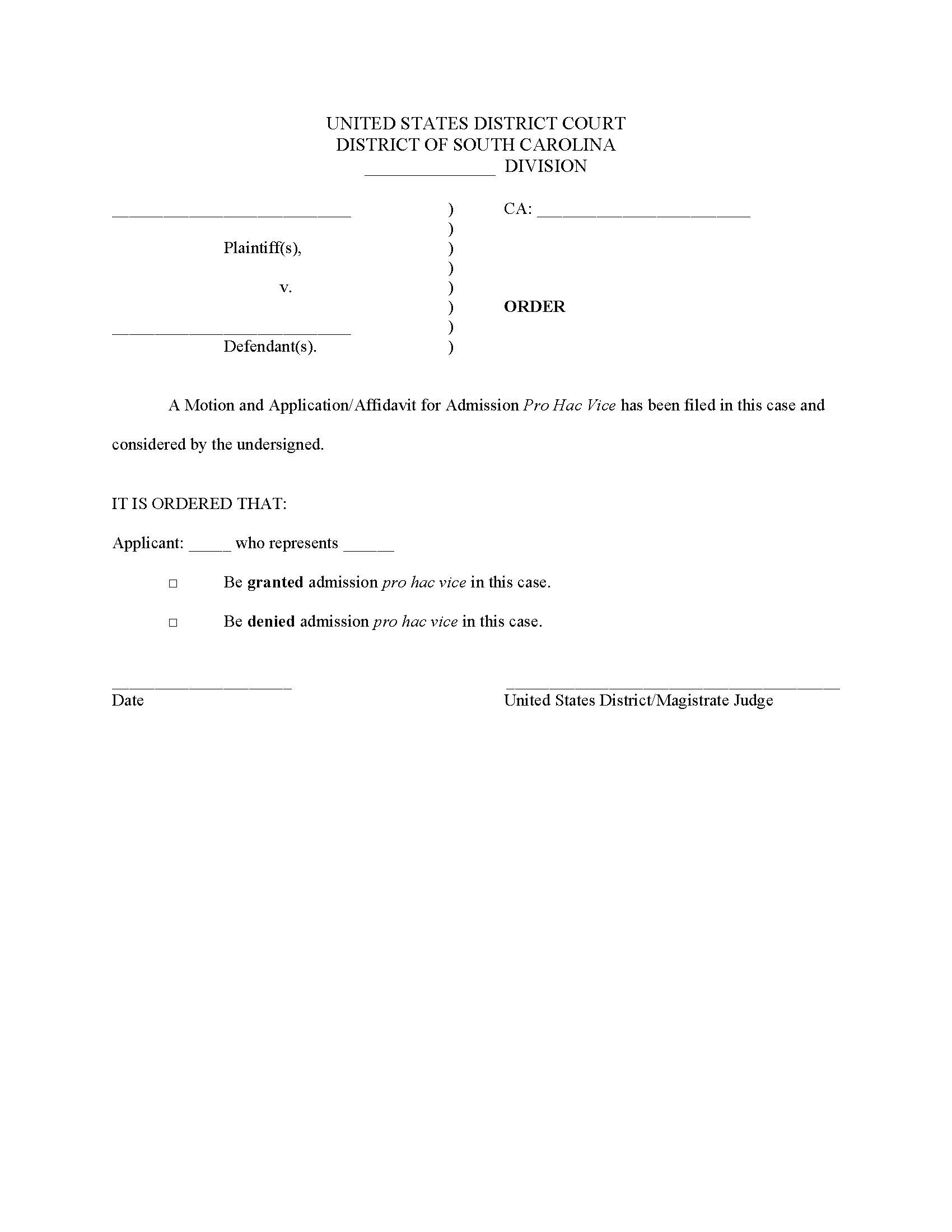 Pro Hac Vice Admission (Order) | Pdf Fpdf Doc Docx | South Carolina