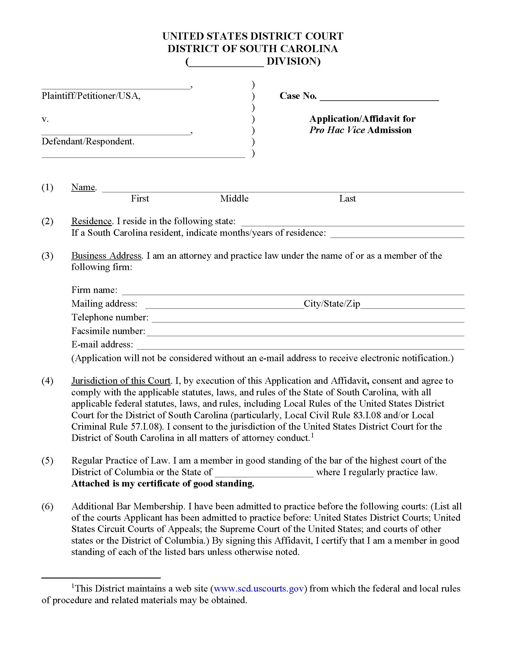 Pro Hac Vice Application | Pdf Fpdf Doc Docx | South Carolina