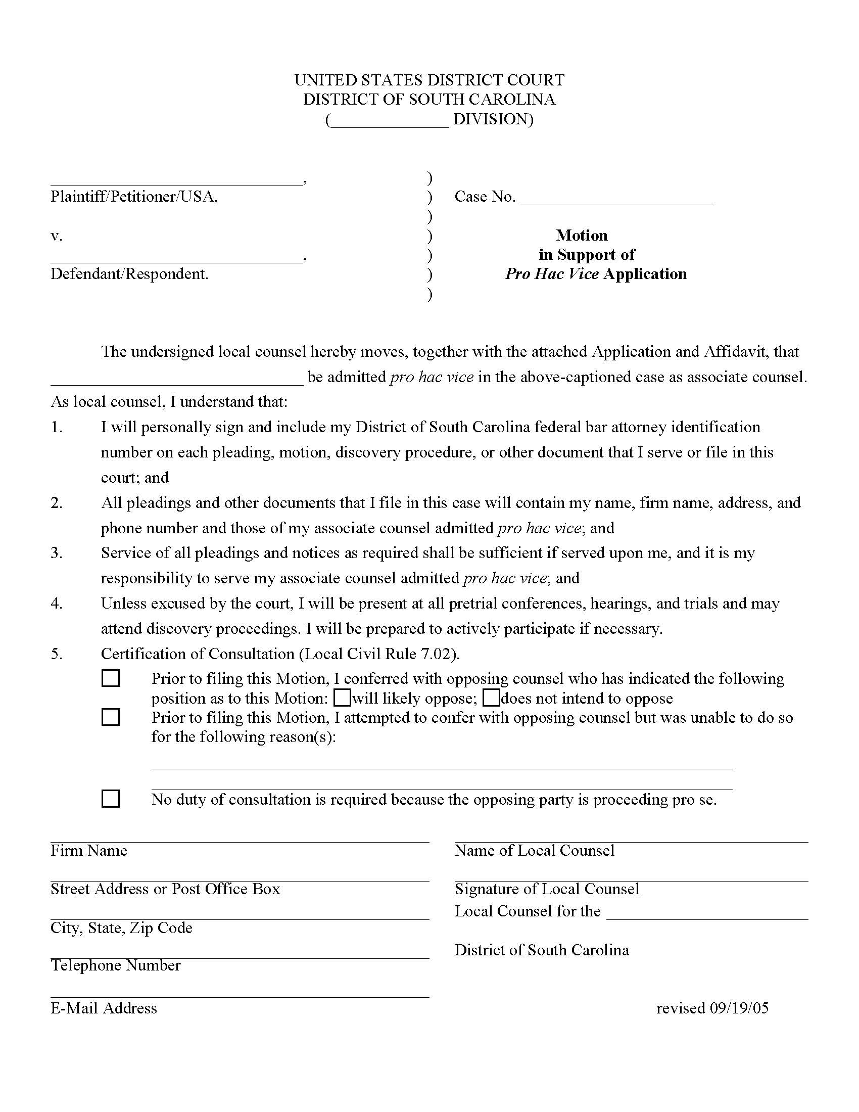 Pro Hac Vice Motion In Support  | Pdf Fpdf Doc Docx | South Carolina