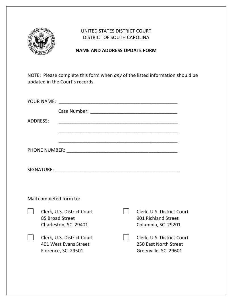 Address Update Form (Pro Se) | Pdf Fpdf Docx | South Carolina