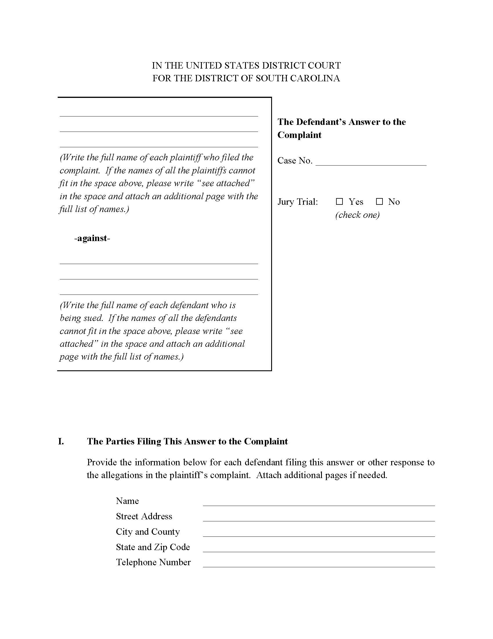 Defendants Answer To The Complaint | Pdf Fpdf Docx | South Carolina