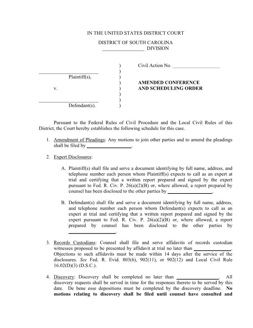 Dawson Amended Scheduling Order | Pdf Fpdf Docx | South Carolina