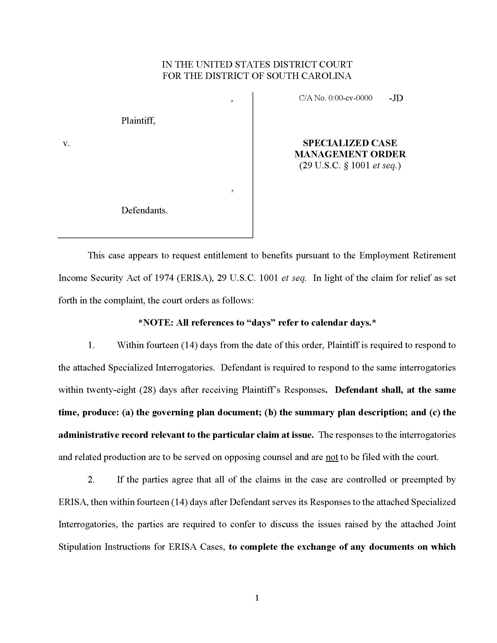 Dawson ERISA Specialized Case Management Order | Pdf Fpdf Docx | South Carolina