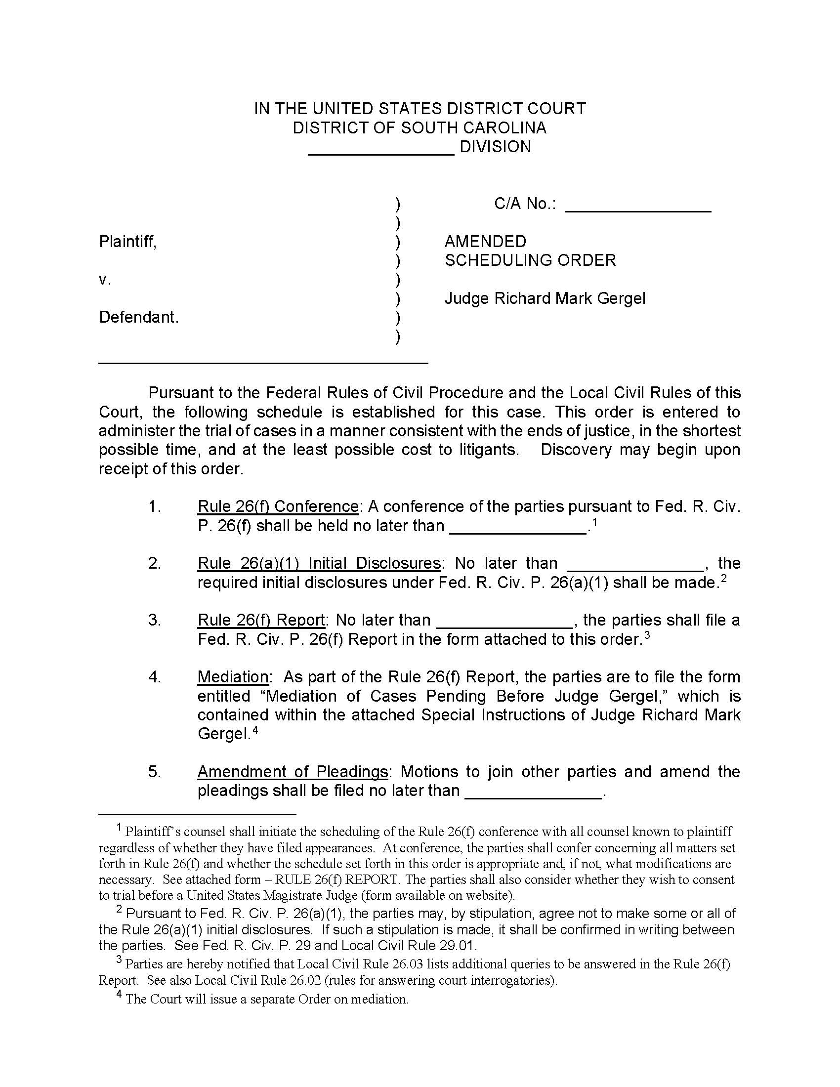 Gergel Sample Amended Scheduling Order | Pdf Fpdf Doc Docx | South Carolina