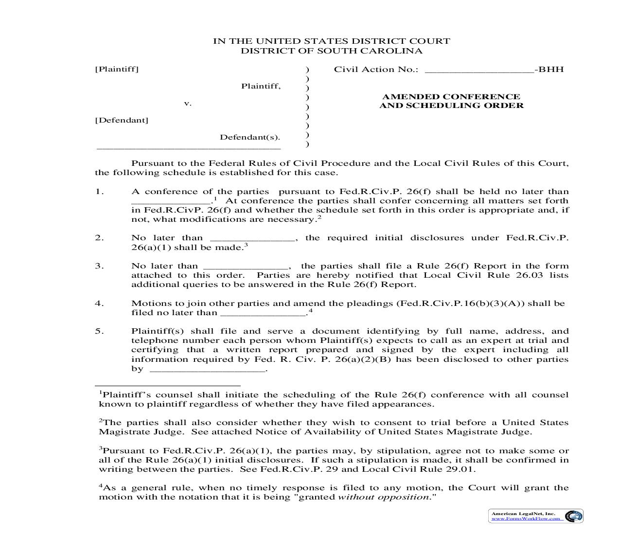 Hendricks Scheduling Order (Amended Conference And Scheduling Order) | Pdf Fpdf Doc Docx | South Carolina