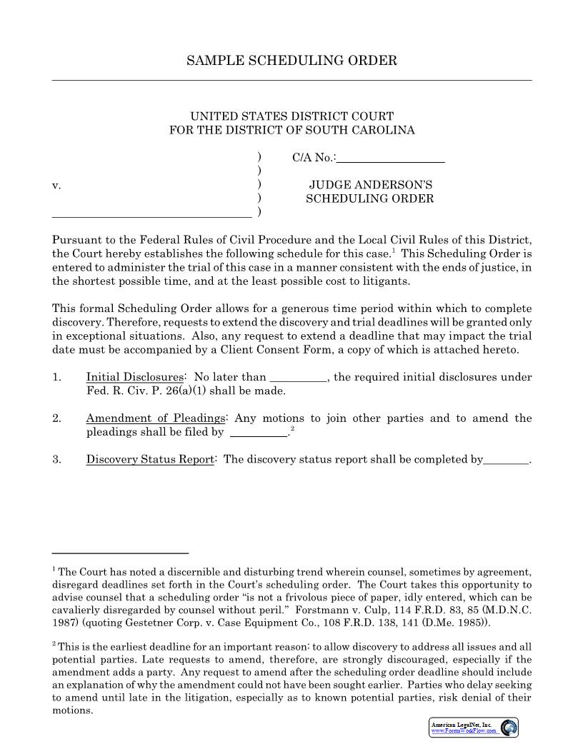Joe Anderson Scheduling Order | Pdf Fpdf Docx | South Carolina