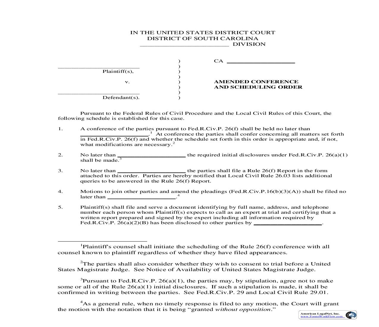Lewis Scheduling Order (Amended Conference And Scheduling Order) | Pdf Fpdf Doc Docx | South Carolina