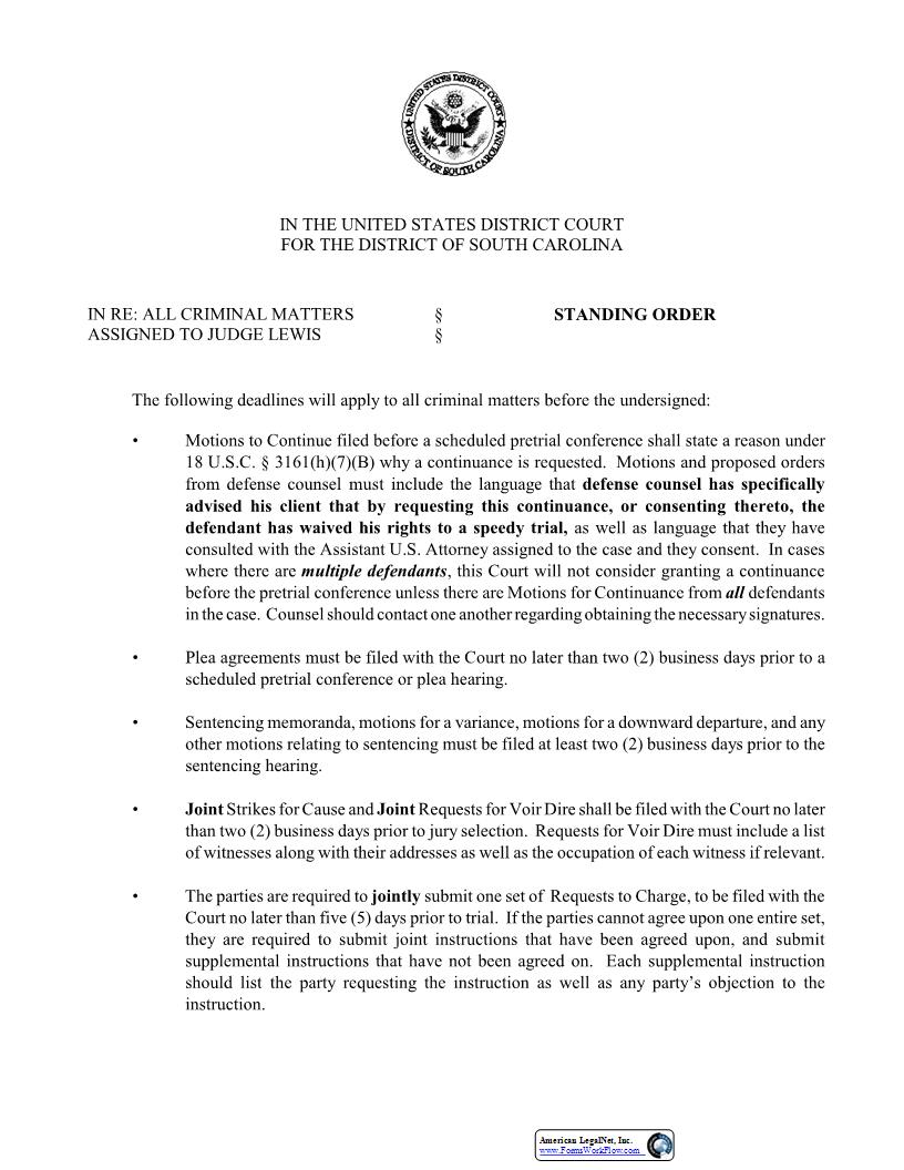 Lewis Standing Order for Criminal Cases | Pdf Fpdf Docx | South Carolina
