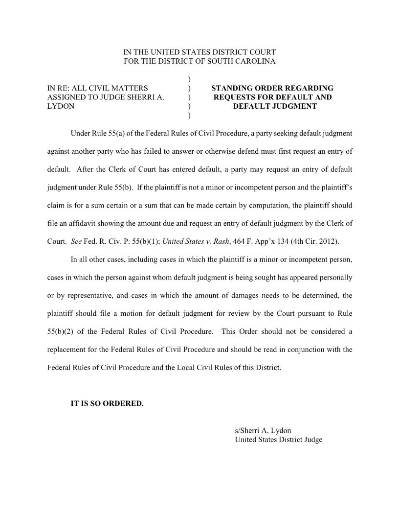 Lydon Rule 55 Standing Order (Regarding Requests For Default) | Pdf Fpdf Docx | South Carolina