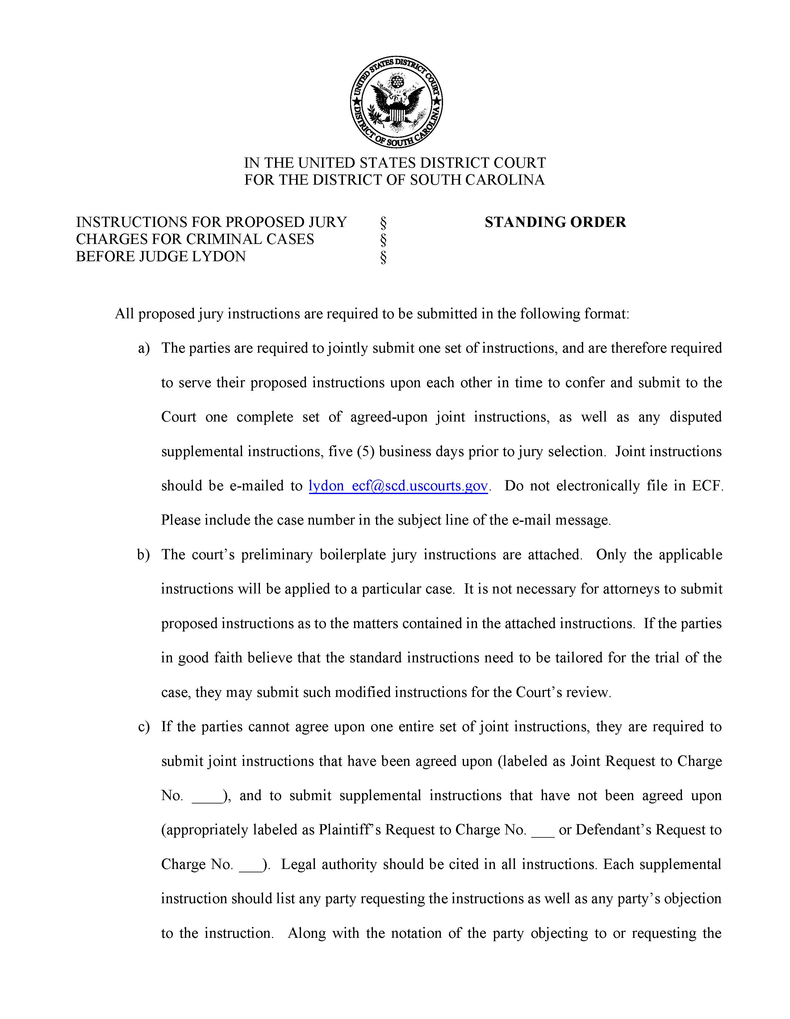 Lydon Standing Order For Criminal Jury Charges | Pdf Fpdf Docx | South Carolina