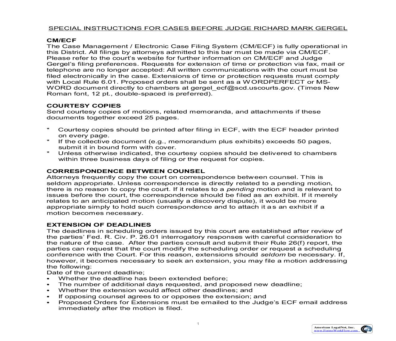 Richard Gergel (Special Instructions For Cases Before The Judge) | Pdf Fpdf Doc Docx | South Carolina