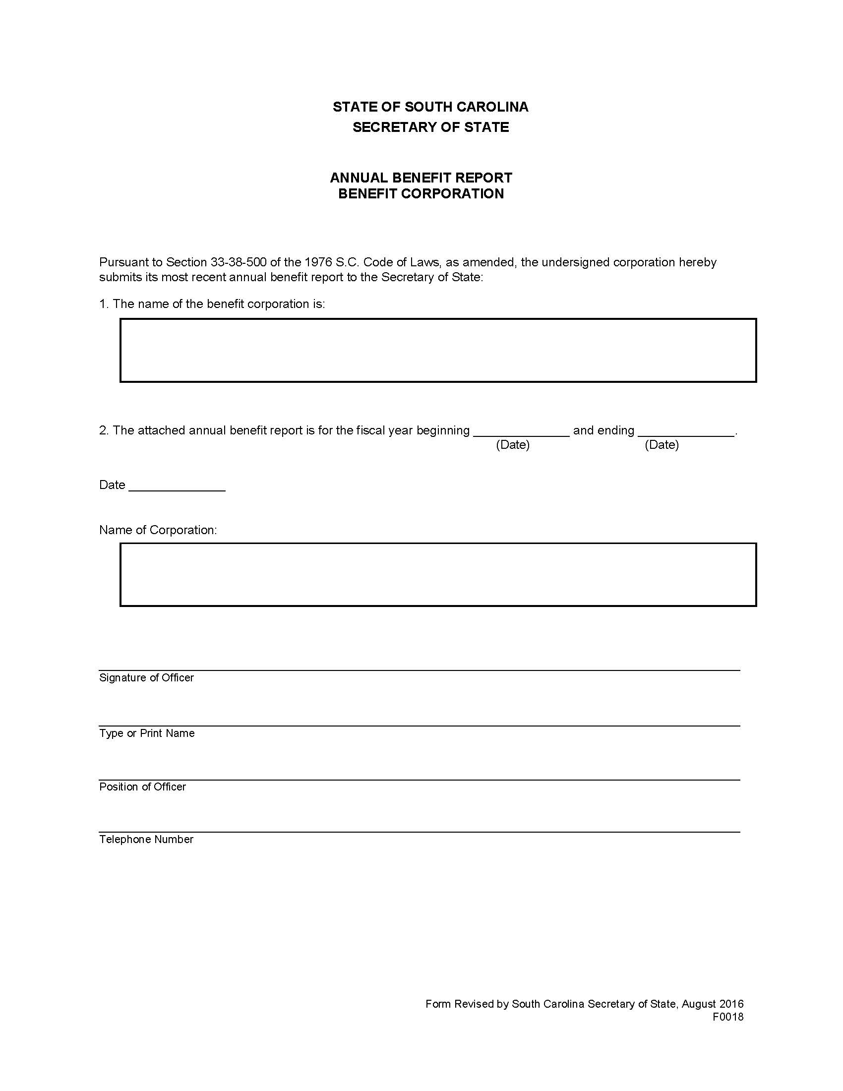 Annual Benefit Report Benefit Corporation {F0018} | Pdf Fpdf Doc Docx | South Carolina