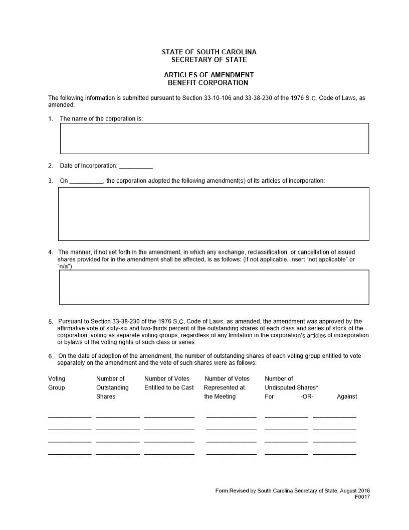 Articles Of Amendment Benefit Corporation | Pdf Fpdf Doc Docx | South Carolina