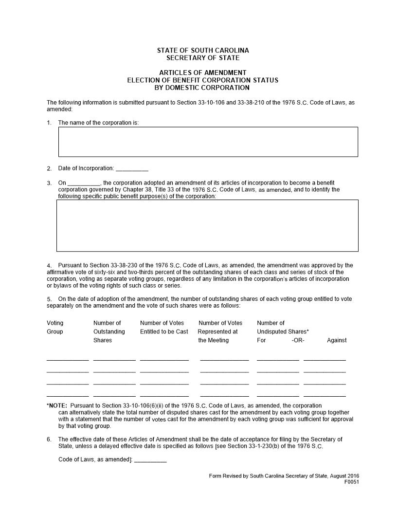 Articles Of Amendment Election Of Benefit Corporation Status By Domestic Corporation | Pdf Fpdf Doc Docx | South Carolina