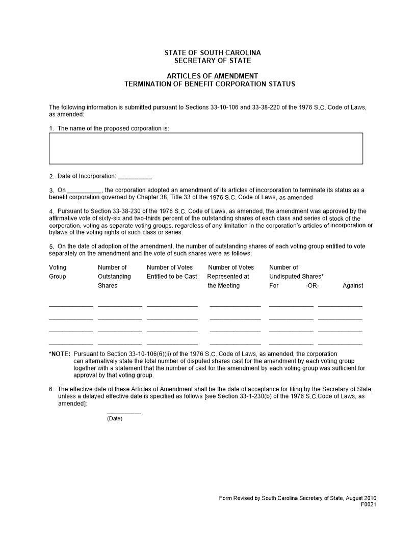 Articles Of Amendment Termination Of Benefit Corporation Status | Pdf Fpdf Doc Docx | South Carolina