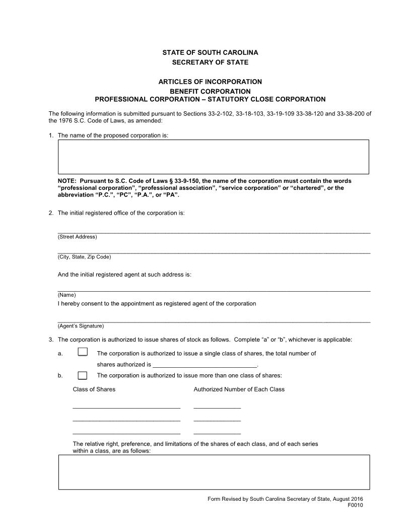 Articles Of Incorporation Benefit Corporation Professional Corporation-Statutory Close Corporation | Pdf Fpdf Doc Docx | South Carolina
