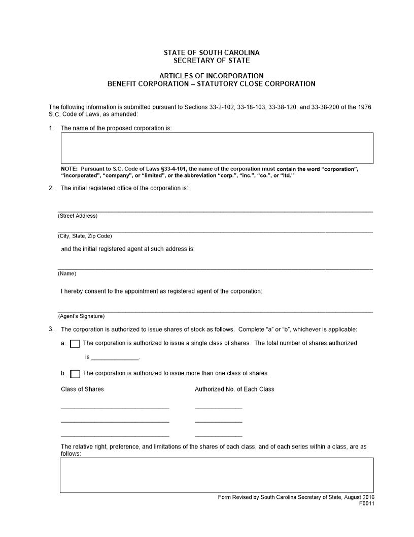 Articles Of Incorporation Benefit Corporation-Statutory Close Corporation | Pdf Fpdf Doc Docx | South Carolina