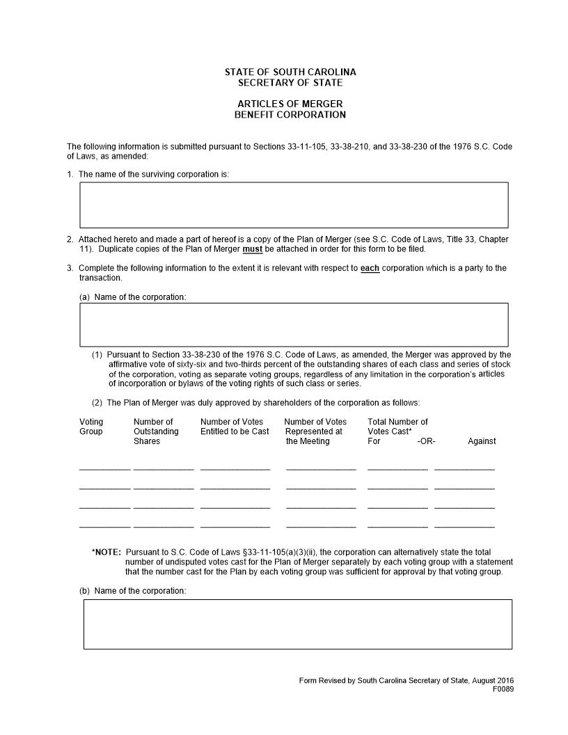 Articles Of Merger Benefit Corporation | Pdf Fpdf Doc Docx | South Carolina