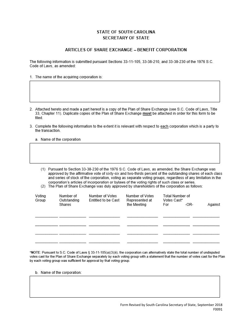 Articles Of Share Exchange Benefit Corporation | Pdf Fpdf Doc Docx | South Carolina