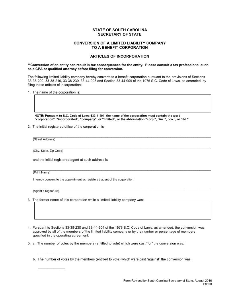 Conversion Of A Limited Liability Company To A Benefit Corporation | Pdf Fpdf Doc Docx | South Carolina