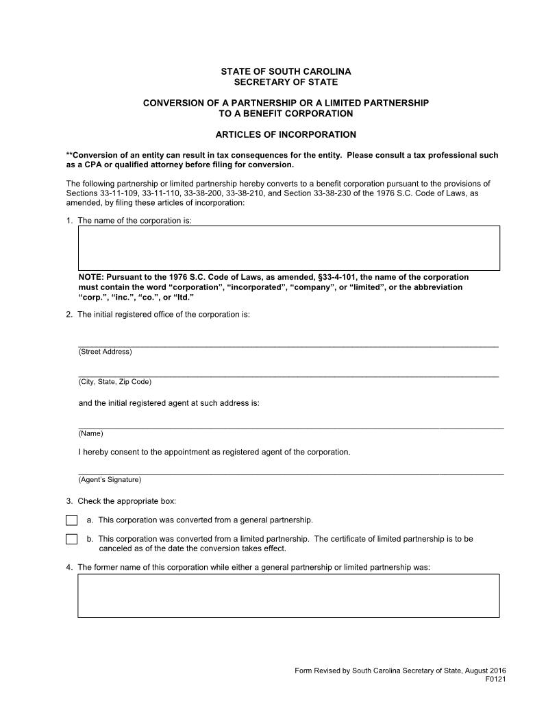 Conversion Of A Partnership Or Limited Partnership To A Benefit Corporation | Pdf Fpdf Doc Docx | South Carolina