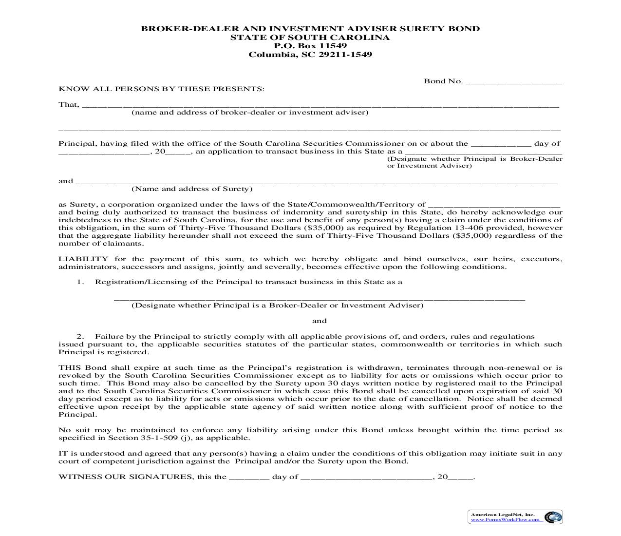 Broker-Dealer Bond (Broker-Dealer And Investment Adviser Surety Bond) | Pdf Fpdf Doc Docx | South Carolina
