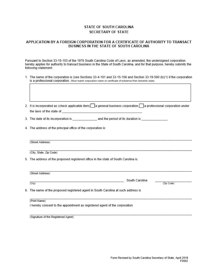 Application By Foreign Corporation For Certificate Of Authority {F0002} | Pdf Fpdf Docx | South Carolina