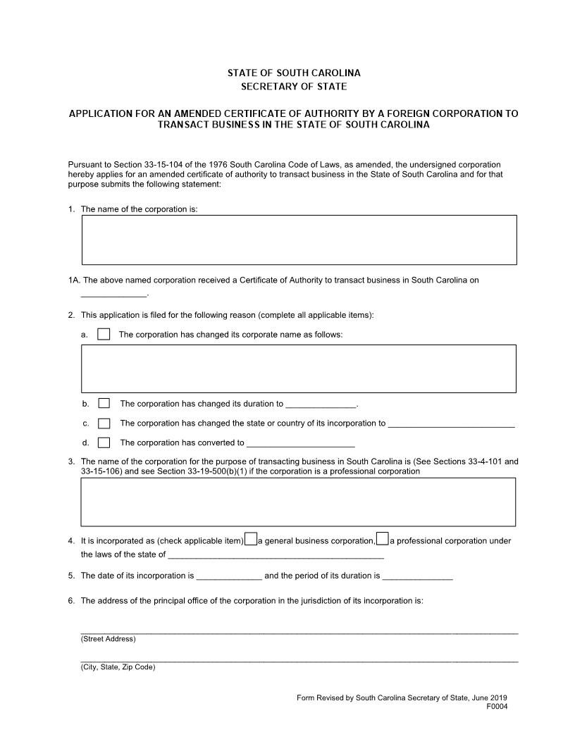 Application For Amended Certificate Of Authority By Foreign Corporation {F0004} | Pdf Fpdf Docx | South Carolina