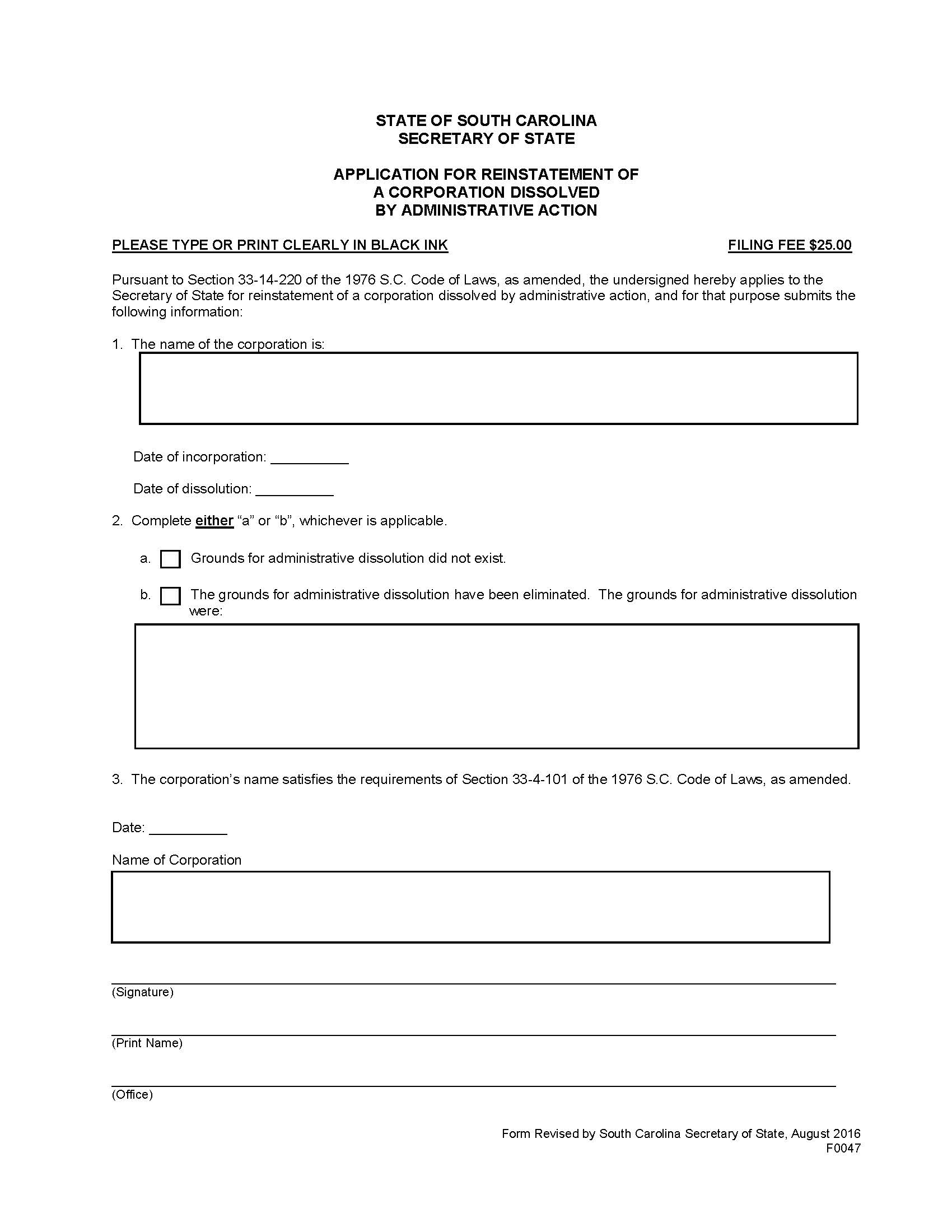 Application For Reinstatement Of Corporation Dissolved By Administrative Action {F0047} | Pdf Fpdf Docx | South Carolina