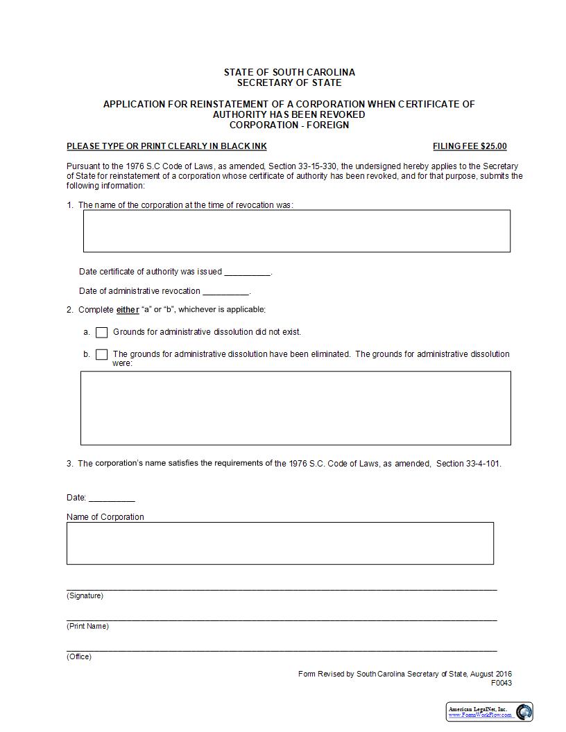 Application For Reinstatement Of Corporation When Certificate Of Authority Has Been Revoked {F0043} | Pdf Fpdf Docx | South Carolina